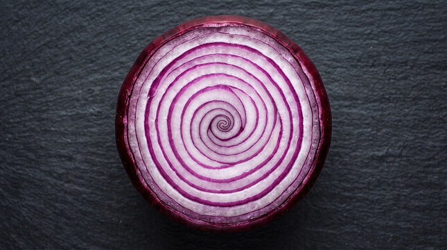 Red onion slice with spiral pattern. Macro food photography of a fresh vegetable cross section.