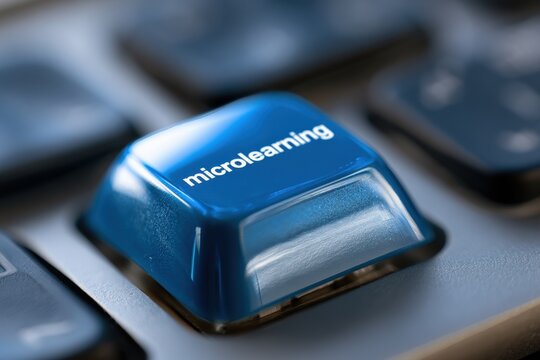 Close-up of a blue keycap on a keyboard with inscription microlearning for bite-sized learning