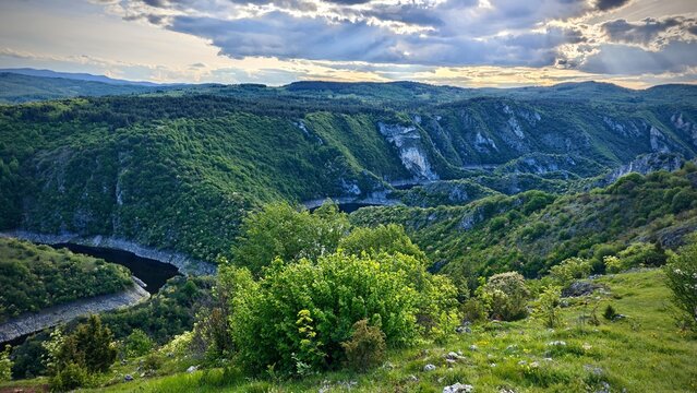 Uvac Canyon in Serbia showcases a picturesque landscape with a serpentine river cutting through verdant hills and rugged, rocky cliffs. The lush greenery covers the hillsides