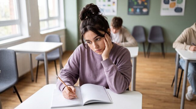 Bored Female Student Sitting in Classroom During Lesson