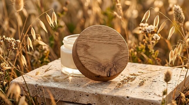 Natural skincare cream container with wooden lid placed on a stone pedestal in a meadow