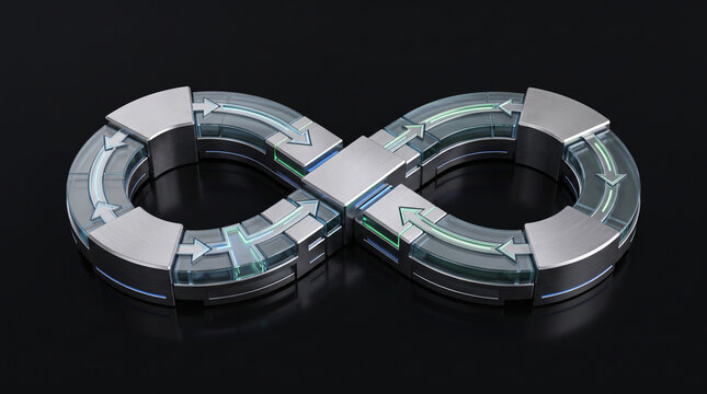Metallic infinity loop symbol representing continuous industrial process flow with glowing integrated arrow indicators with translucent segments illuminated illuminated directional arrows