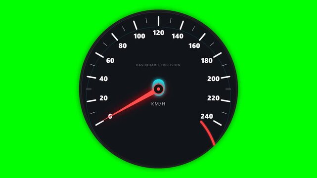 Digital speedometer gauge animation displaying rapid vehicle acceleration with glowing blue numbers on green screen video