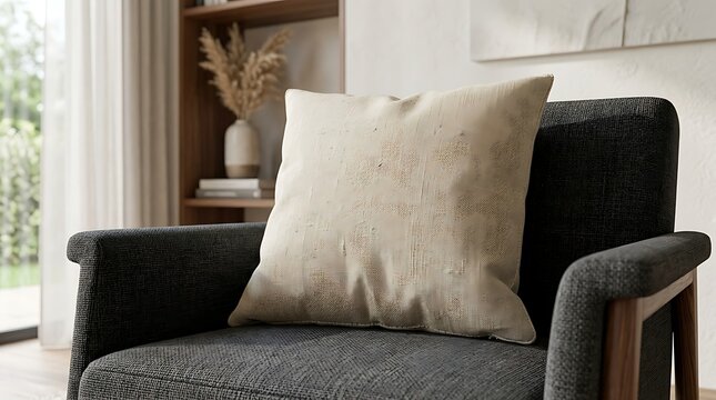 Beige decorative cushion placed on dark upholstered armchair in modern bright living room interior