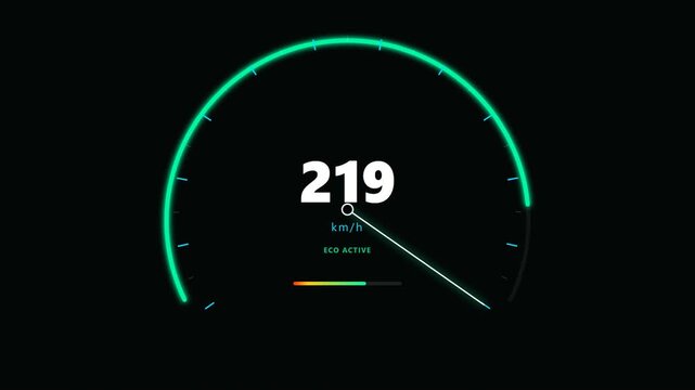 Digital speedometer animation showing rapid speed increase in motion footage for modern electric vehicle dashboard displays