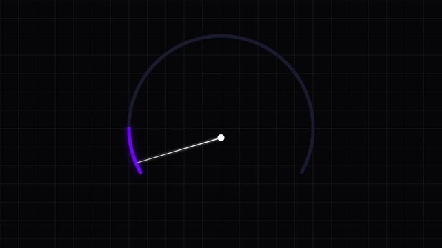 Digital speedometer gauge animation featuring glowing neon arcs on a dark geometric grid motion video clip