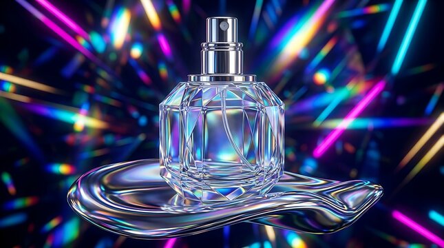 Crystal perfume bottle resting on metallic surface against vibrant neon light abstract background