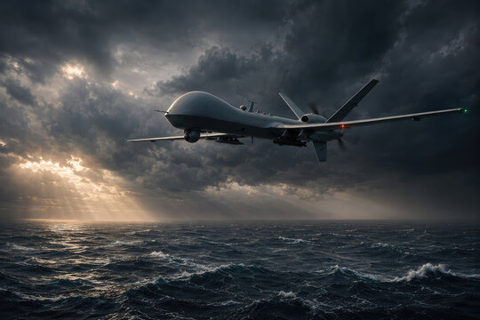 Military Surveillance Drone Flying Over Stormy Ocean