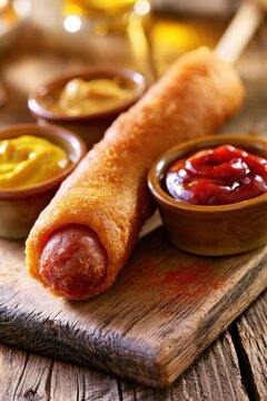 Close-up of a golden footlong corn dog on a rustic wooden board with dipping sauces