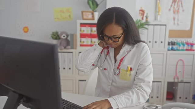 Woman doctor in white coat rubs neck while seated at desk, typing on a computer with stethoscope and pens visible in pocket inside a clinic building; fatigue.