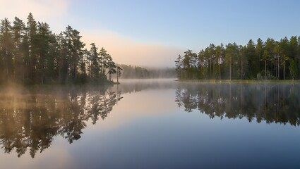 Obraz premium Peaceful morning mist over a calm lake surrounded by dense forest reflections