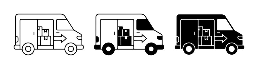 Naklejka premium Delivery van with packages and arrow outline solid styles, UI and web interface.