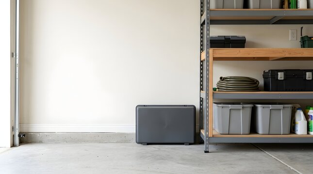 Clean organized residential garage interior featuring storage rack shelving units with plastic bins tools garden hose equipment against smooth white wall.