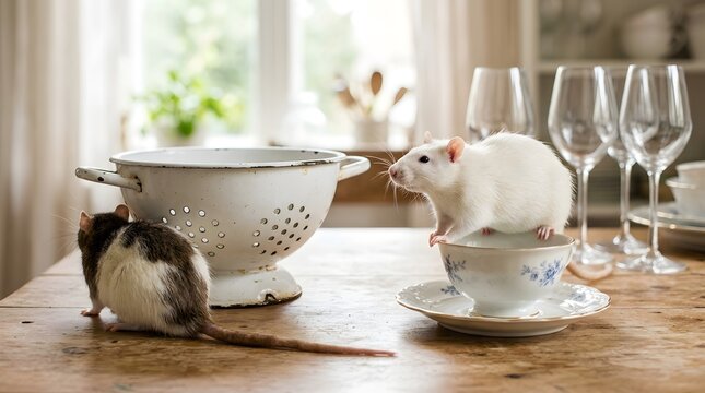 Curious pet domestic rats standing near white kitchen colander and elegant blue floral pattern porcelain teacup on rustic wooden table background scene.