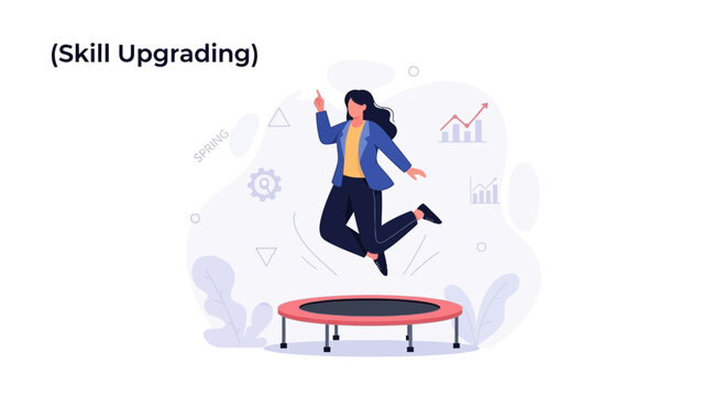 Businesswoman jumping on trampoline symbolizing skill upgrading and career growth with financial charts in background