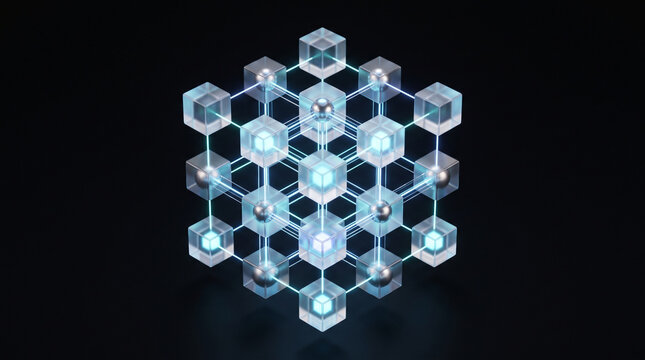 Abstract 3d geometric structure featuring interconnected transparent cubes and glowing nodes on dark background with network composed transparent displays futuristic network