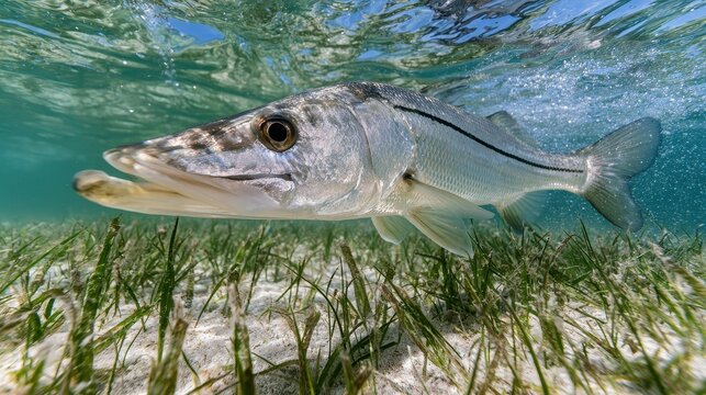 Close-up of a snook with silver body and dark lateral line among seagrass