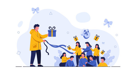 Fototapeta premium Generous Man Giving Gifts to Excited Crowd, Flat Design Vector Illustration