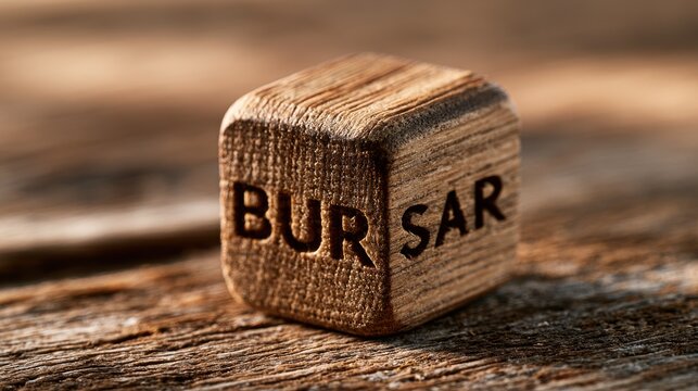 Close-up of a wooden block bearing the word bursar, with textured grain and warm lighting