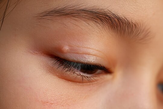 Close-up of a young girl's eyelid showing a chalazion in soft natural light