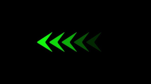 A horizontal row of five green chevron arrows pointing leftwards arranged in a sequence with decreasing brightness against a solid black background