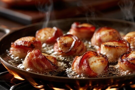 Close-up of bacon-wrapped scallops browning in a hot skillet
