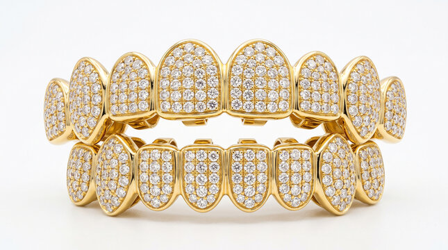 Luxury gold grillz set adorned with sparkling pave diamonds against a clean white background with meticulously encrusted numerous detail studio composition showcases premium set