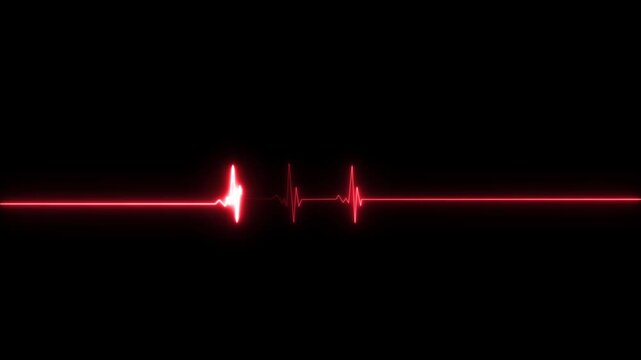 Glowing red heartbeat ekg line monitor display on a solid black background representing medical health monitoring and cardiac rhythm analysis