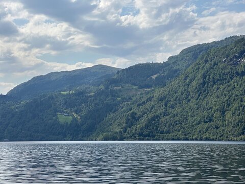Mountain landscape with Granvinsvatnet lake and forest near Granvin, Vestland, Norway, August 2025