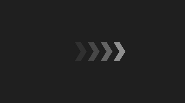 Animated White glowing chevron directional arrows moving forward, progress bar, digital UI interface element, fast forward speed status indicator for tech app, website, isolated on dark background.