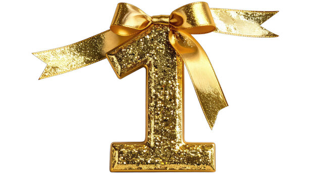 A glittering number one adorned with a golden ribbon bow against a black background.