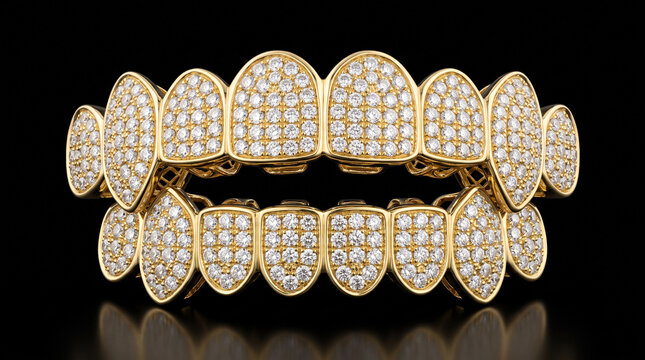 Full set luxury gold teeth grillz encrusted with brilliant cut diamonds against black background with completely covered shimmering displays luxurious set isolated against deep