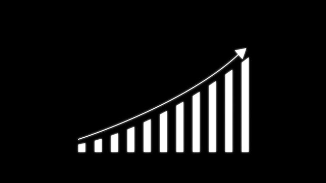 White bar chart showing upward growth trend with an arrow pointing up isolated on a black background for business and financial reports