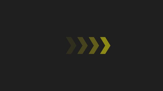 Animated yellow glowing chevron directional arrows moving forward, progress bar, digital UI interface element, fast forward speed status indicator for tech app, website, isolated on dark background.