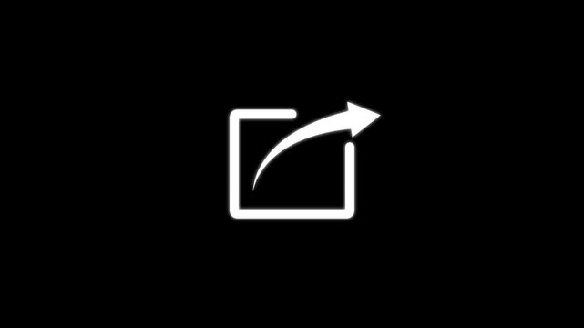 White share featuring a square box with a curved arrow pointing out isolated on a black background for digital interface navigation purposes
