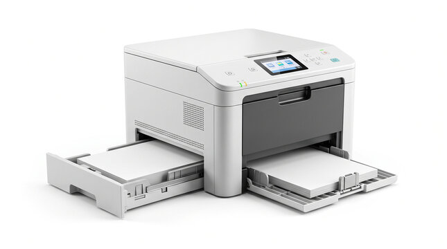 Modern compact desktop laser printer loaded with white paper trays isolated against plain white backdrop with white studio background open paper feed professional white