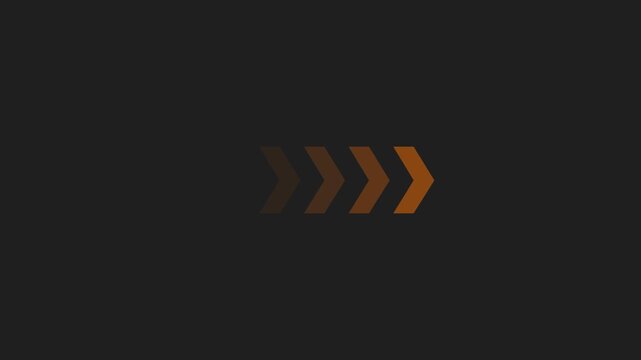 Animated orange glowing chevron directional arrows moving forward, progress bar, digital UI interface element, fast forward speed status indicator for tech app, website, isolated on dark background.