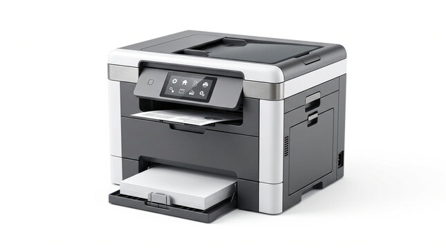 Modern multifunction laser printer office equipment featuring paper tray and digital touchscreen display interface with displays professional multifunction administration