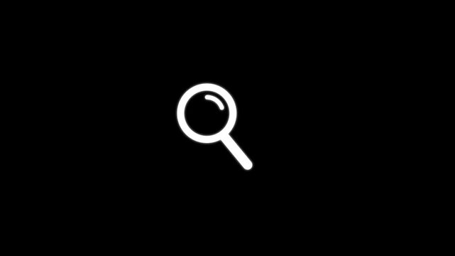 A crisp white magnifying glass centered on a solid black background representing search functionality and digital interface