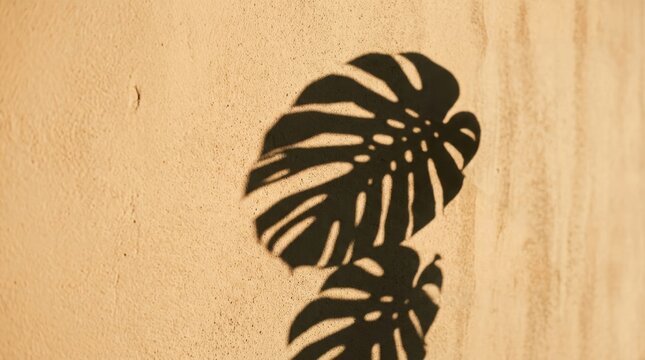 Monstera Leaf shadow casting on a beige wall