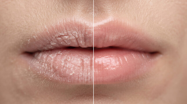 Comparison view showcasing chapped dry lips versus hydrated smooth lips demonstrating effective skincare treatment results for moisture restoration on facial skin texture.