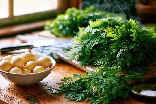 Close-up of fresh Toona sinensis greens with eggs, rustic kitchen scene and natural daylight for home cooking