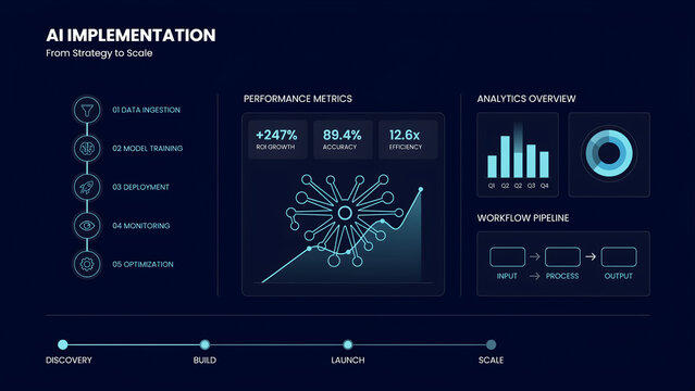 AI Implementation Process Infographic Showing Stages From Strategy Development To Scaling With Performance Metrics And Workflow Pipeline