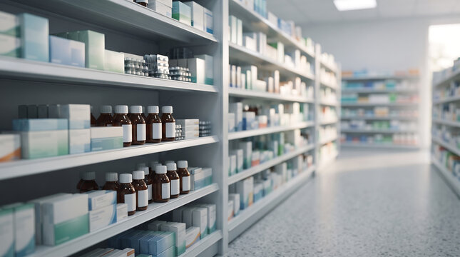 Rows of pharmaceutical bottles and medicine boxes on shelves in a modern pharmacy with pharmacy medicine pharmaceutical healthcare storefront business treatment