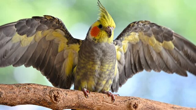Cockatiel spreading wings while perched on a branch, close-up natural behavior footage