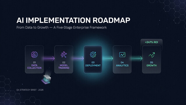 AI Implementation Roadmap Showing Five Stage Enterprise Framework From Data Collection to Growth With ROI Metrics