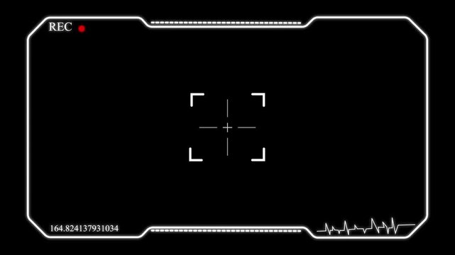 Digital camera recording interface overlay with a black background featuring a central focus reticle and a heart rate monitor pulse line