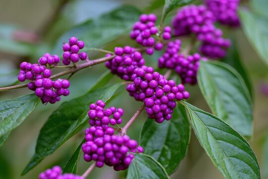Close-up of mauve beautyberry berries in dense purple clusters on a green shrub at autumn light