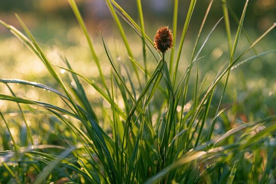 Close-up of nutsedge weed in a sunlit lawn