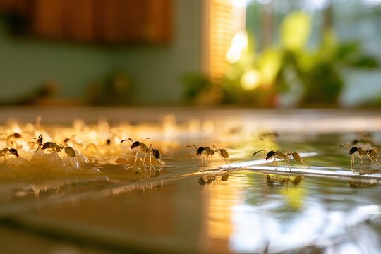 Close-up of pale ants foraging on a sticky sugar spill in a sunlit tropical kitchen